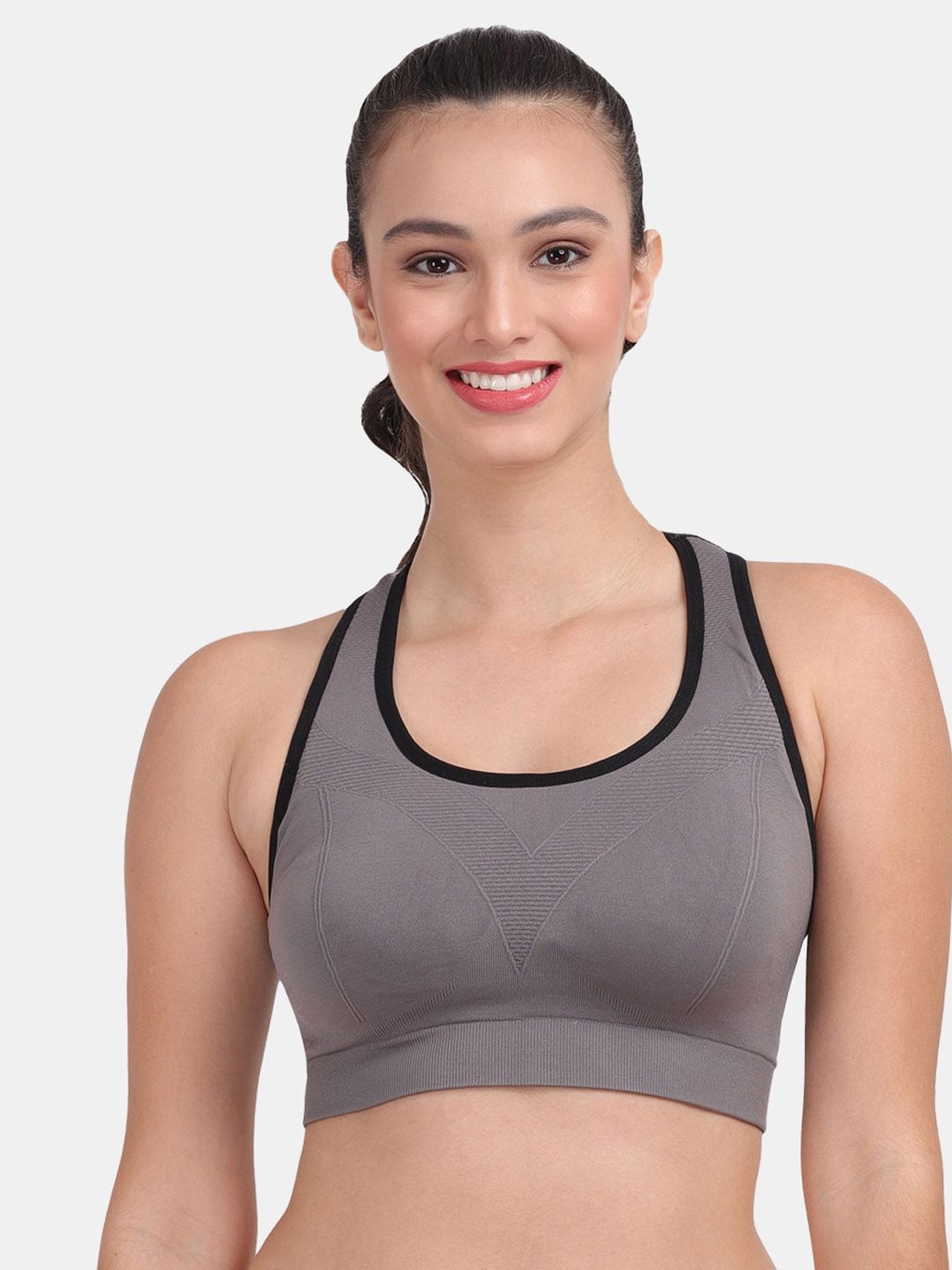 Amour Secret Grey & Black Non Padded & Non Wired Solid Rapid Dry Workout Bra Price in India