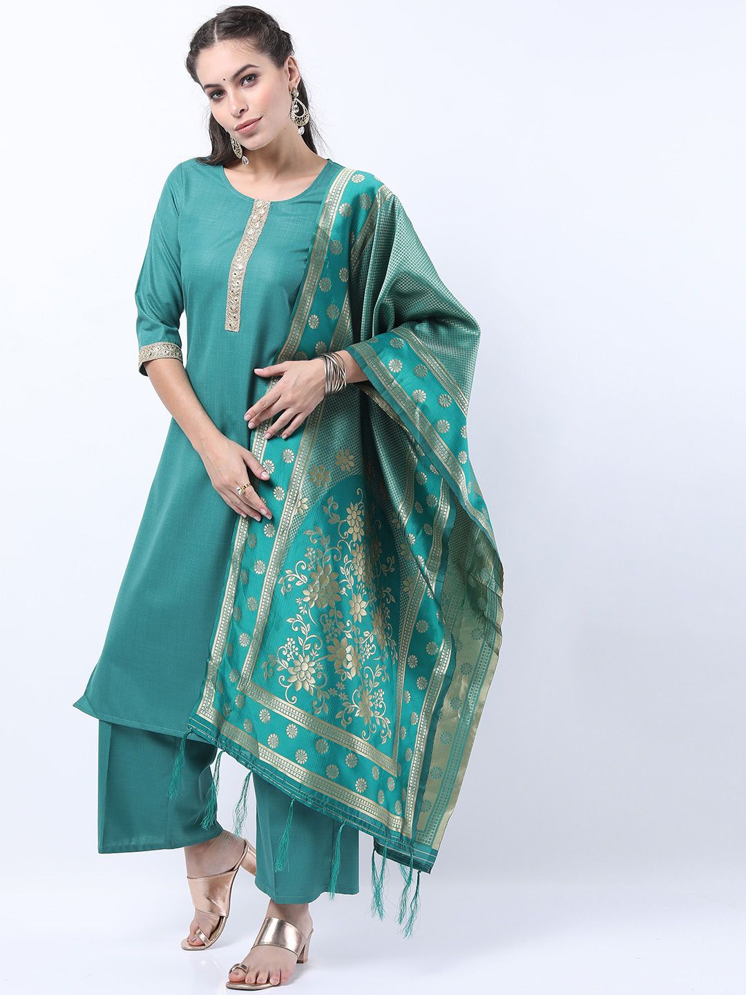 KETCH Women Green Straight Kurta With Palazzo And Dupatta Price in India