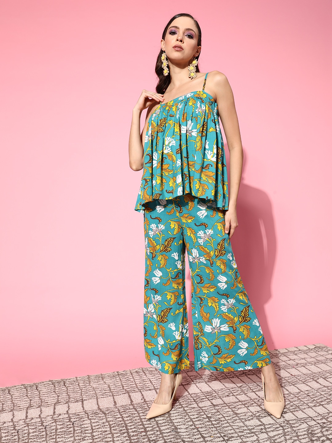 Shae by SASSAFRAS Women Teal Printed Top with Palazzos Price in India