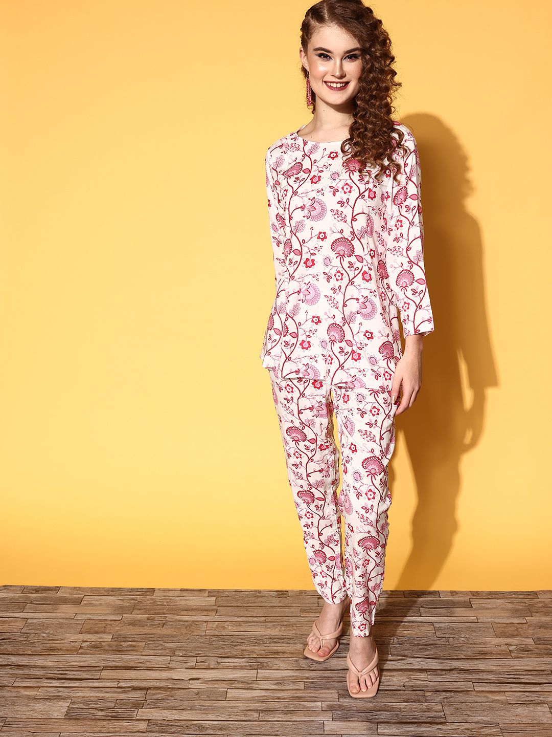 Shae by SASSAFRAS Women Pink Printed Top with Trousers Price in India