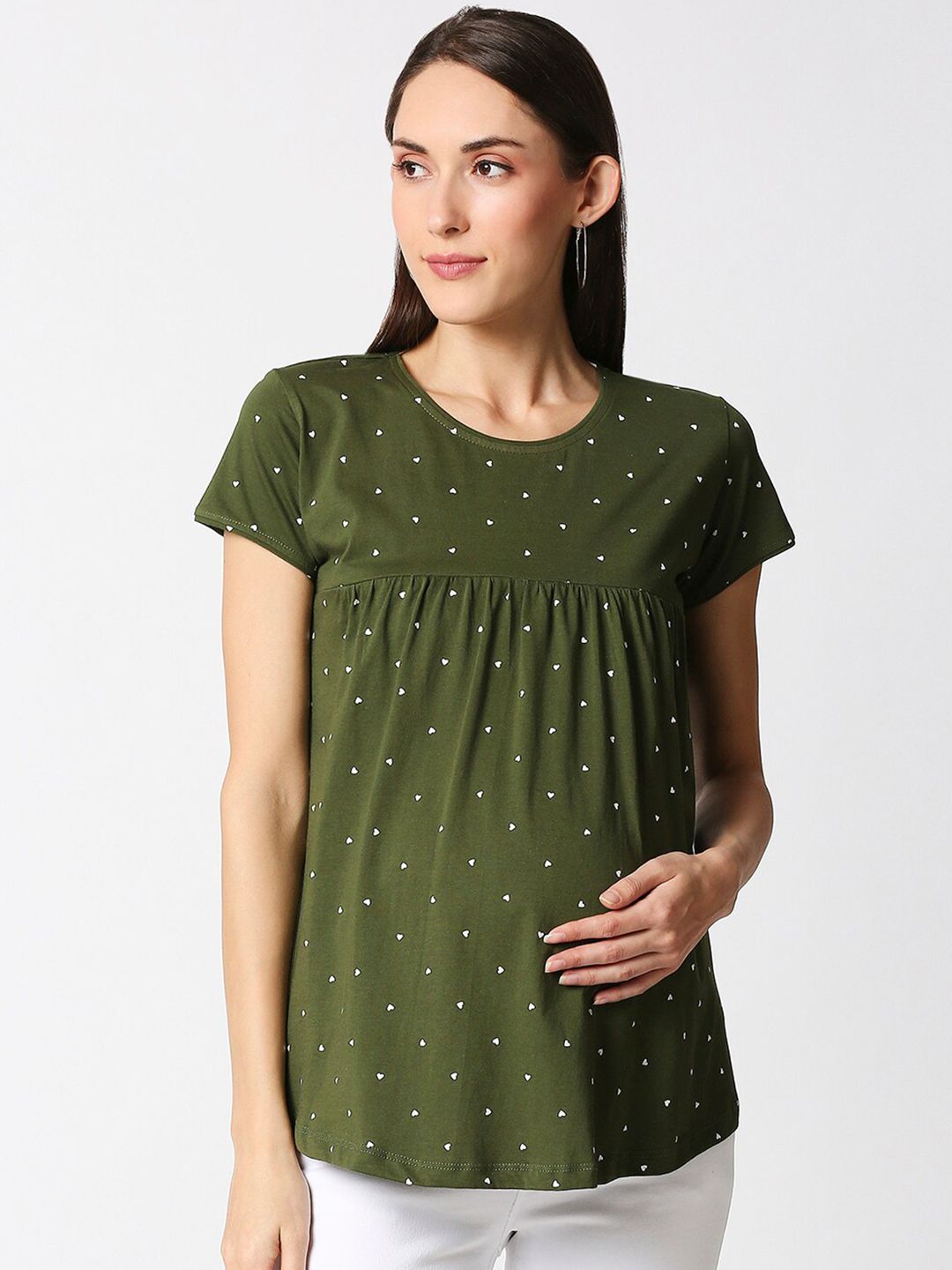 AV2 Olive Green Maternity Pure Cotton Print Top Price in India