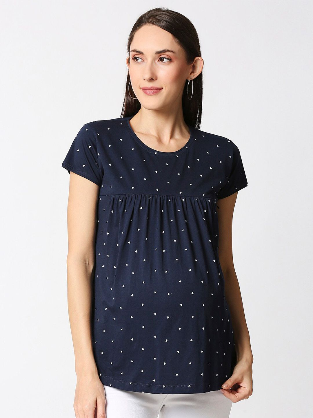 AV2 Women Navy Blue Polka Dots Printed Pure Cotton Maternity Top Price in India