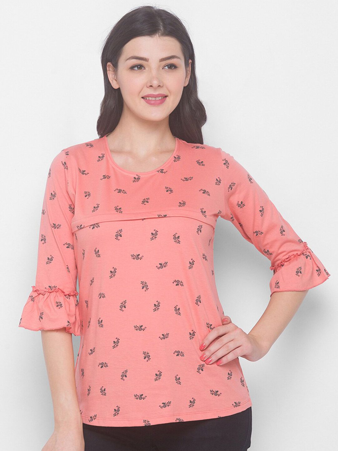 AV2 Maternity Peach-Coloured Floral Printed Cotton Top Price in India