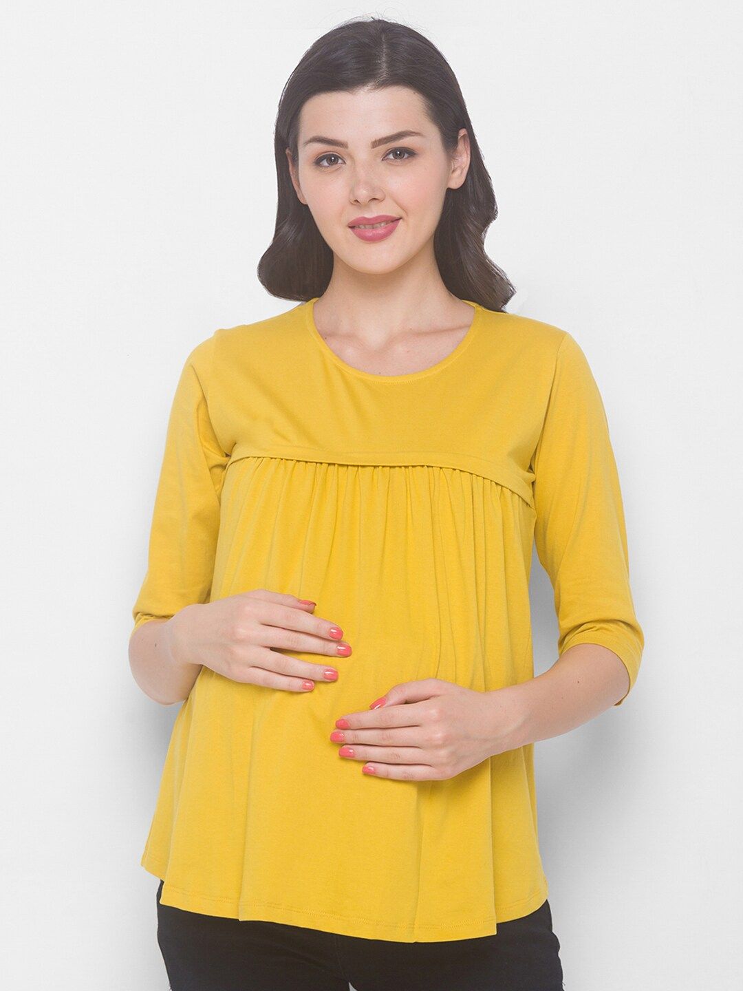AV2 Yellow Solid Cotton Maternity Top Price in India