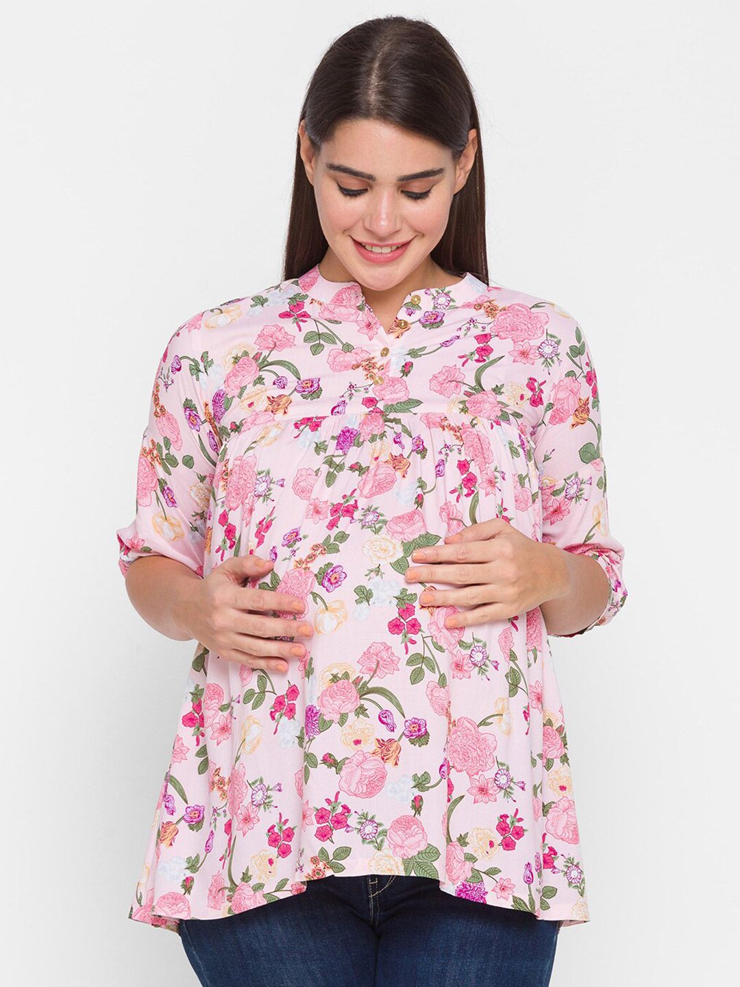 AV2 Pink Floral Print Mandarin Collar Roll-Up Sleeves Shirt Style Longline Top Price in India