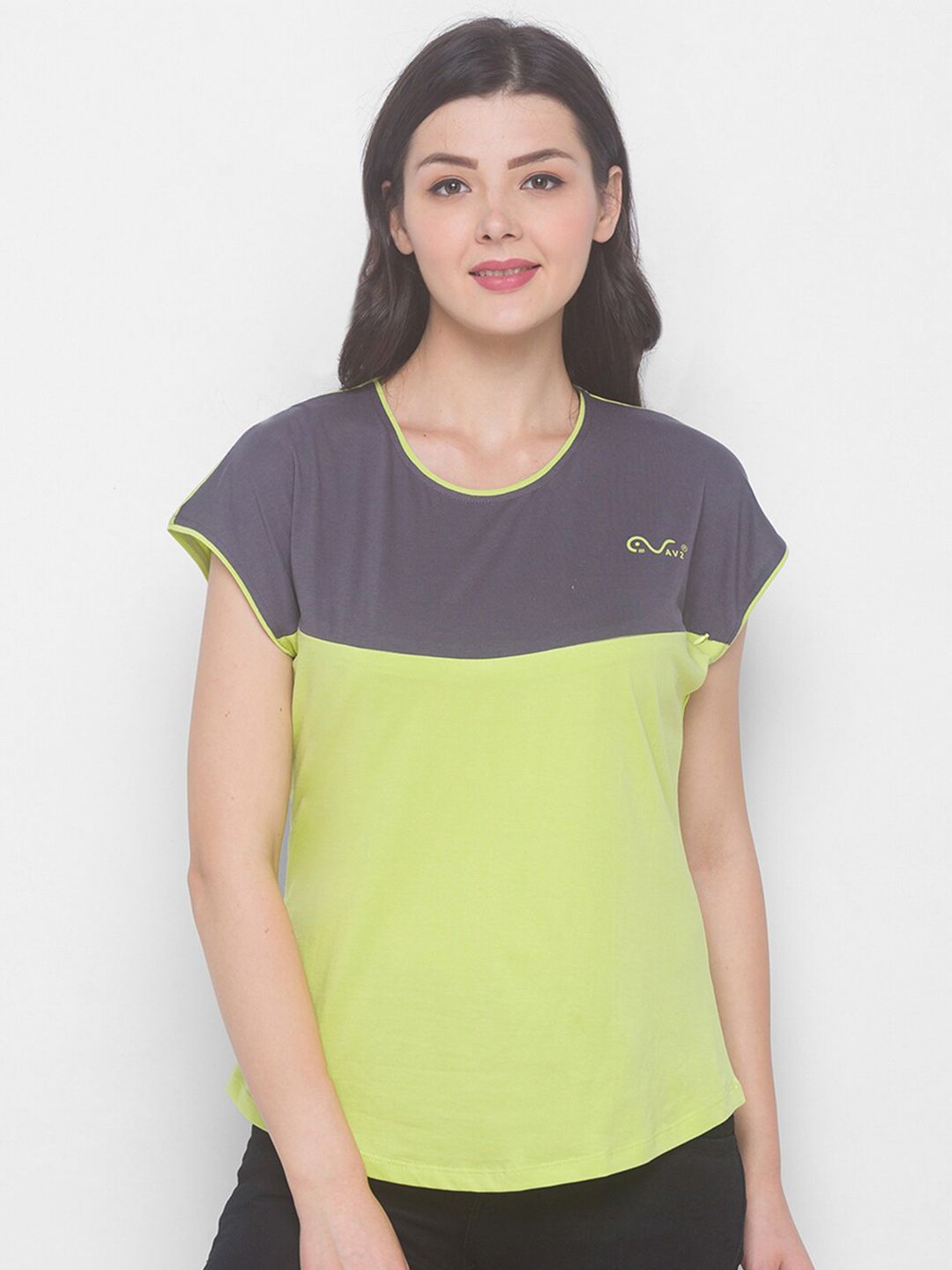 AV2 Maternity Lime Green Colourblocked Extended Sleeves Cotton Top Price in India