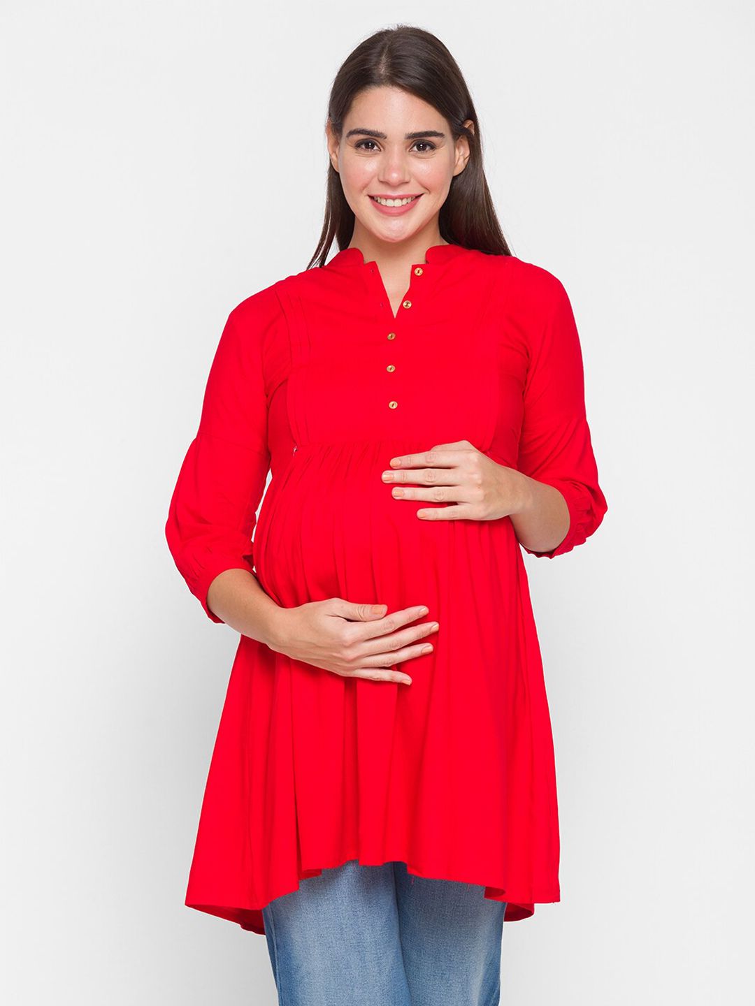 AV2 Red Mandarin Collar Shirt Style Longline Top Price in India