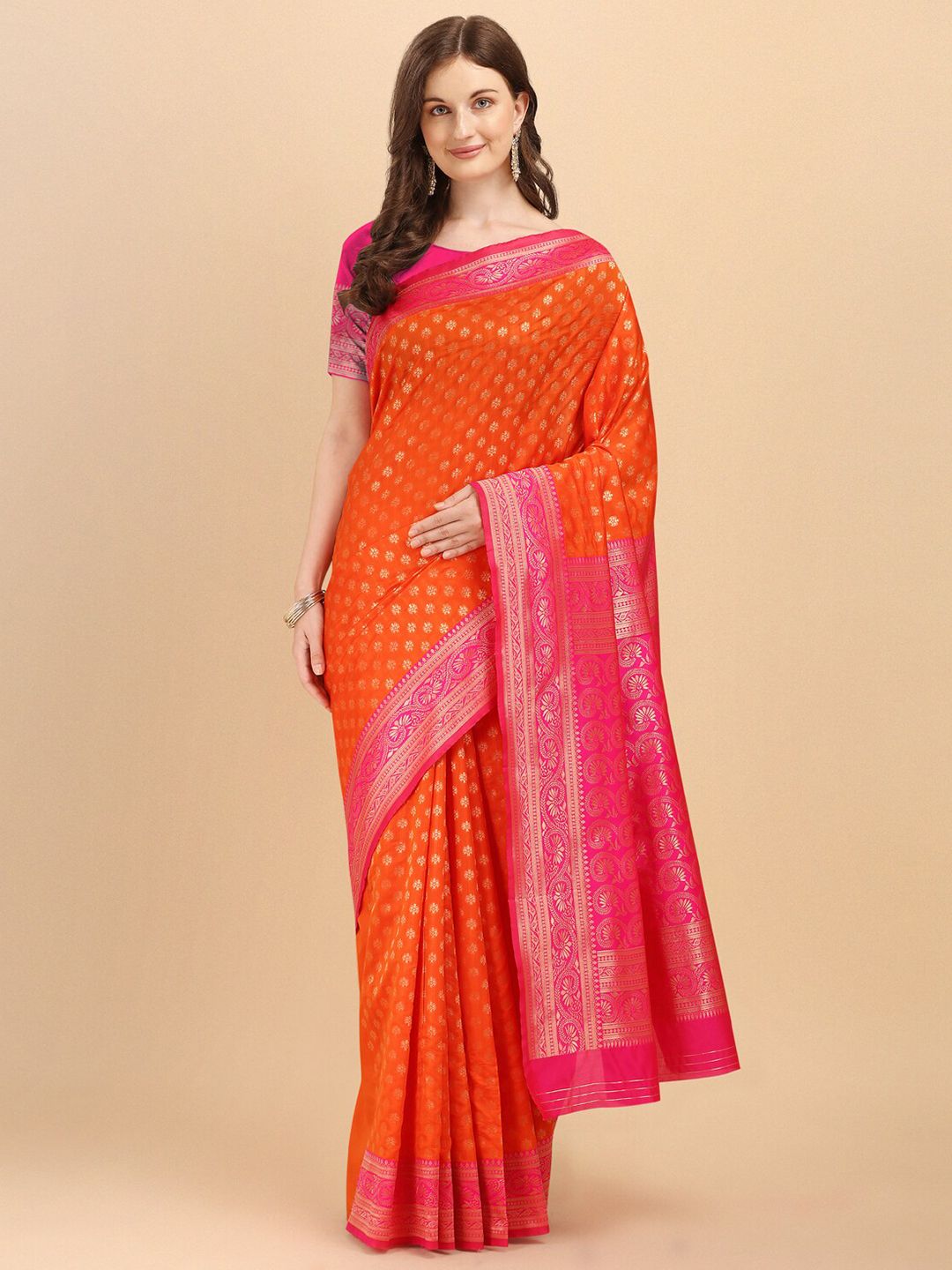 Wuxi Women Orange & Pink Woven Design Zari Pure Silk Banarasi Saree Price in India