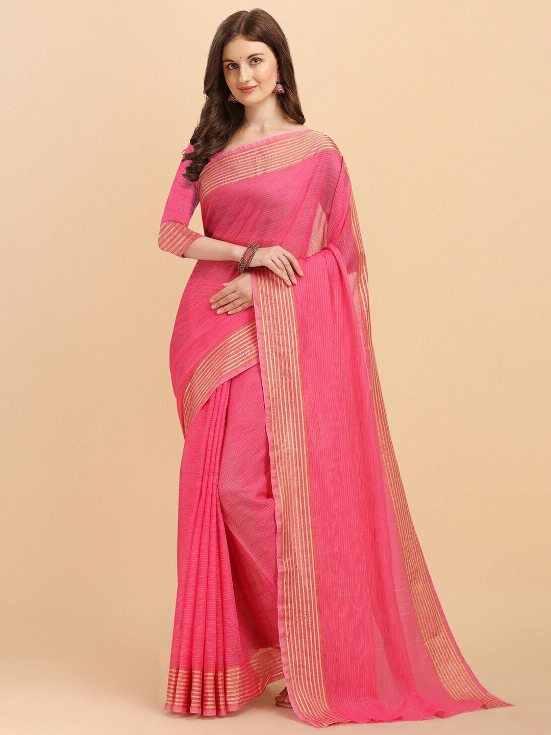 Wuxi Pink & Gold-Toned Woven Design Zari Pure Cotton Banarasi Saree Price in India