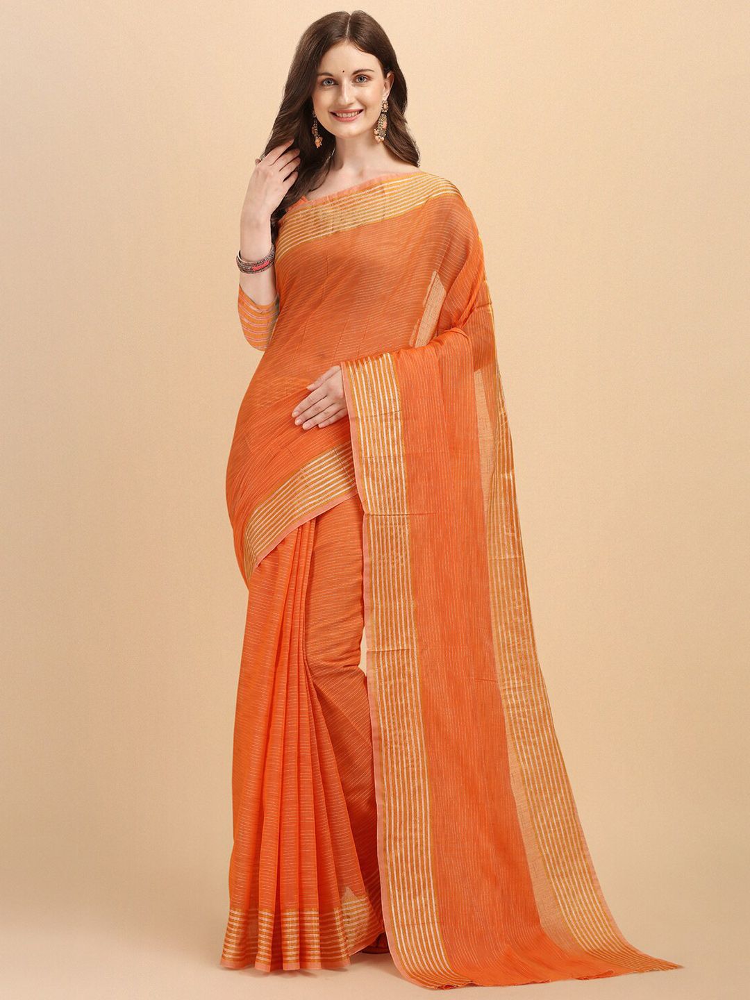 Wuxi Orange & Gold-Toned Zari Pure Cotton Banarasi Saree