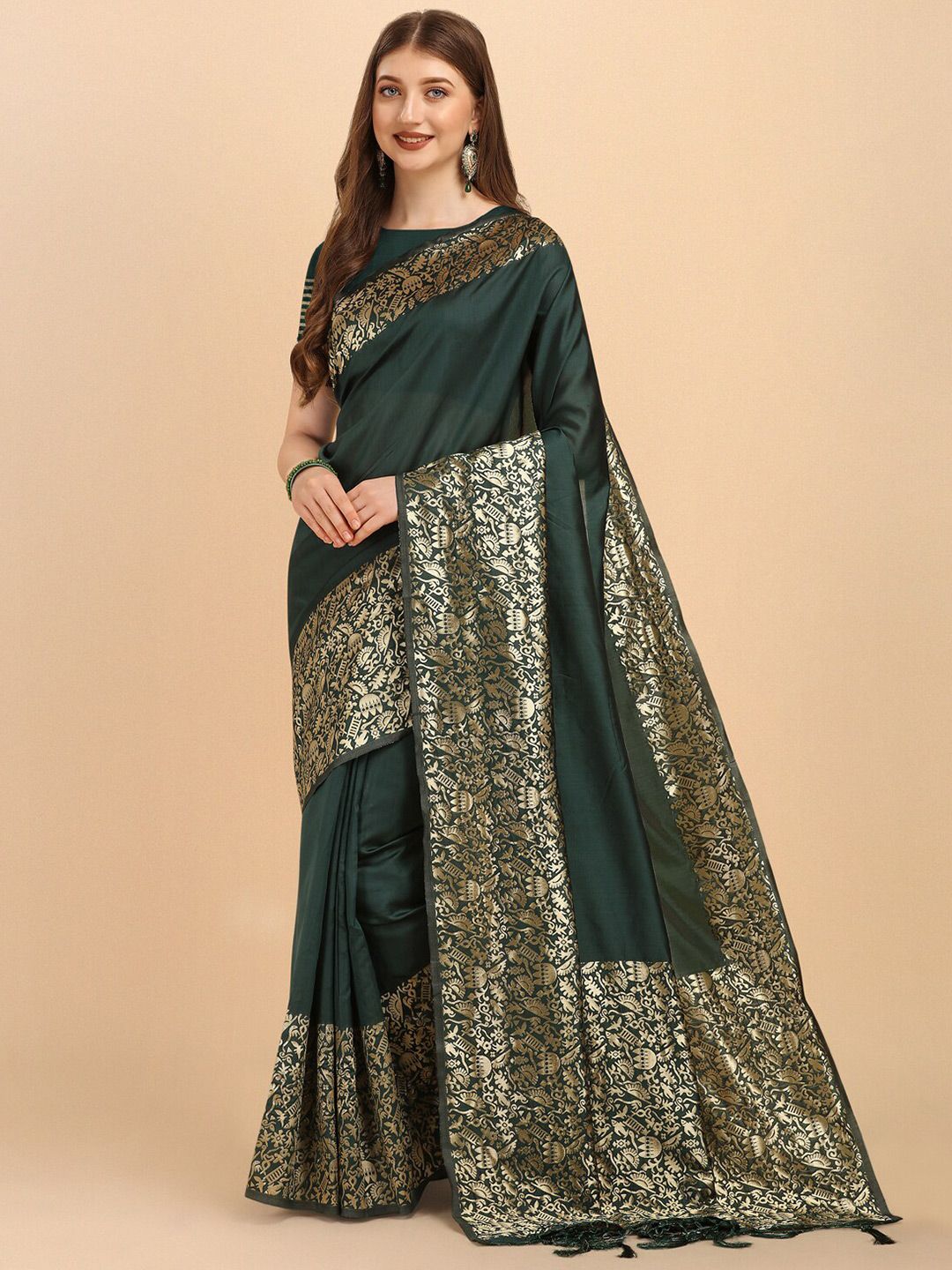 Wuxi Green & Grey Ethnic Motifs Woven Design Pure Silk Banarasi Saree Price in India