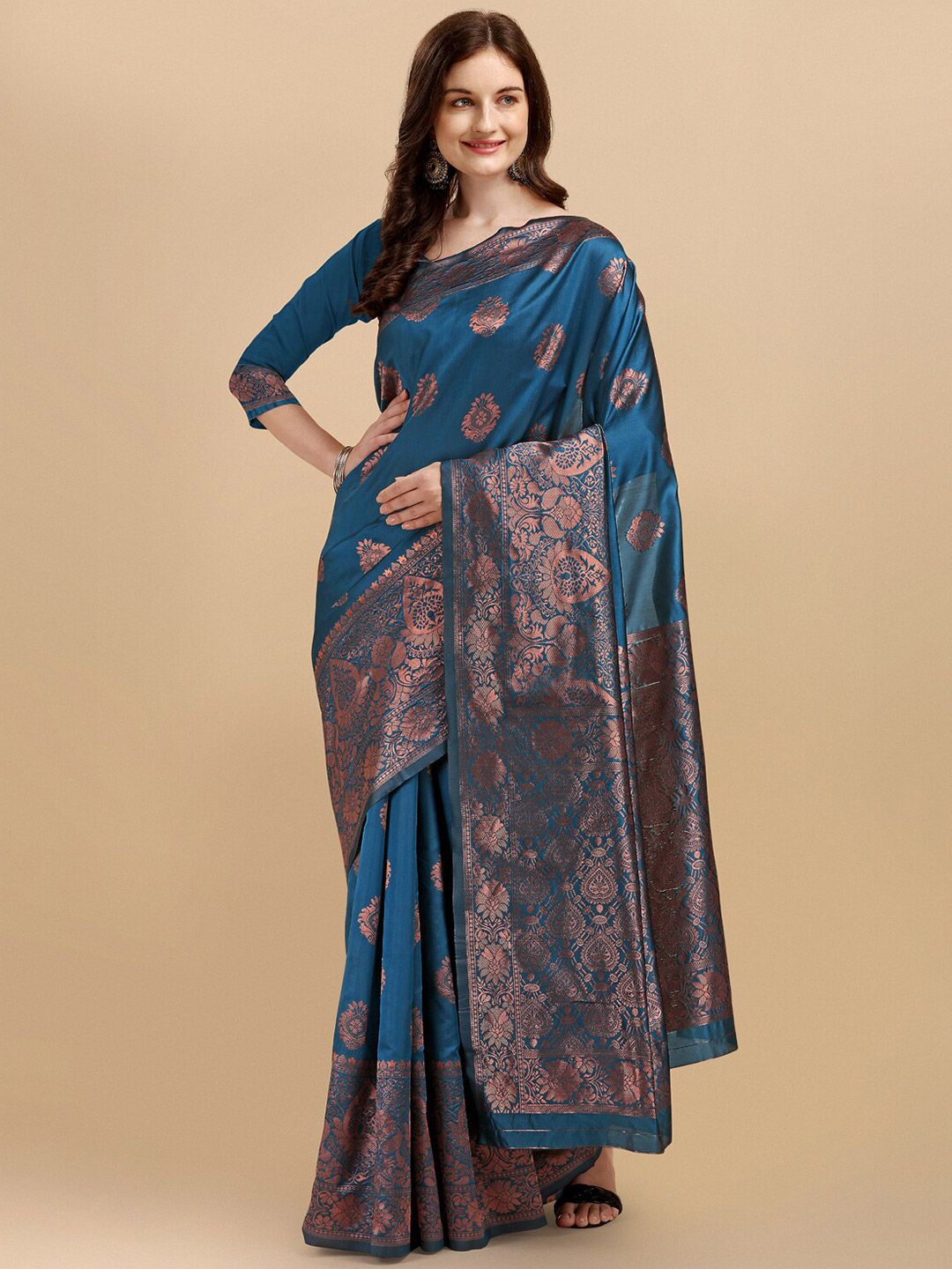 Wuxi Women Teal & Copper-Toned Woven Design Pure Silk Banarasi Saree Price in India