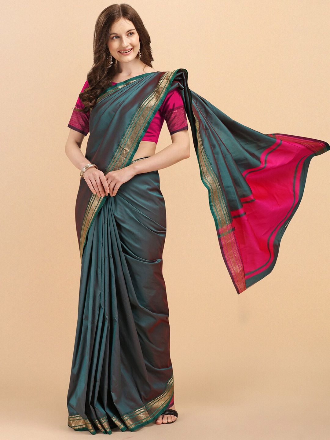 Wuxi Green & Pink Woven Design Pure Silk Banarasi Saree Price in India