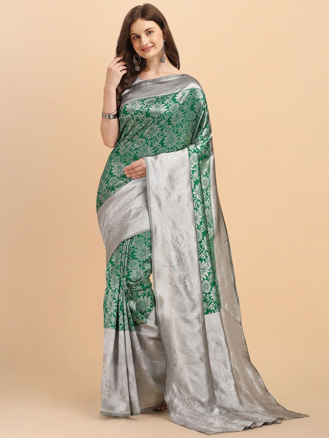 Wuxi Green & Silver-Toned Woven Design Zari Pure Silk Banarasi Saree Price in India