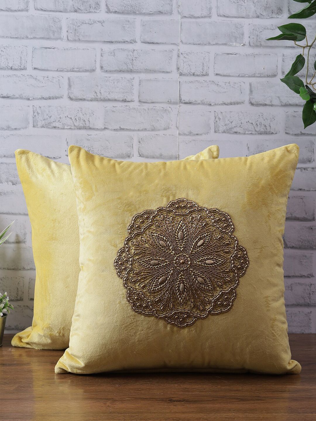 eyda Yellow & Gold-Toned Set of 2 Embellished Velvet Square Cushion Covers Price in India