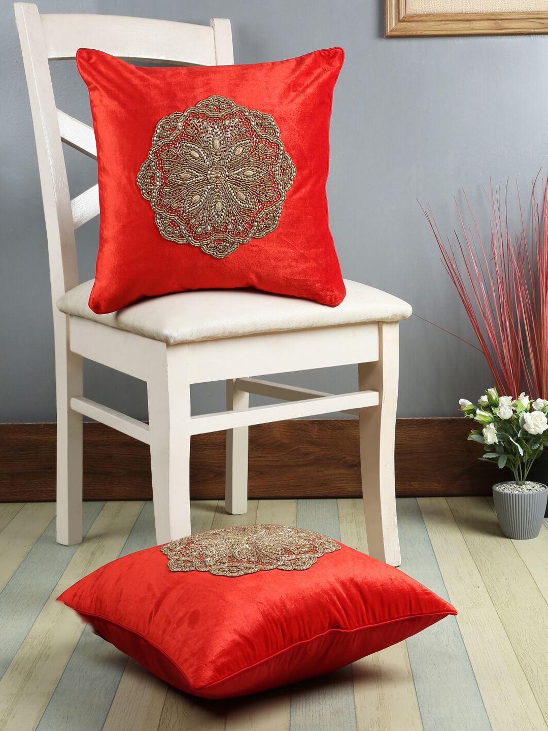 eyda Orange & Gold-Toned Set of 2 Embellished Velvet Square Cushion Covers Price in India