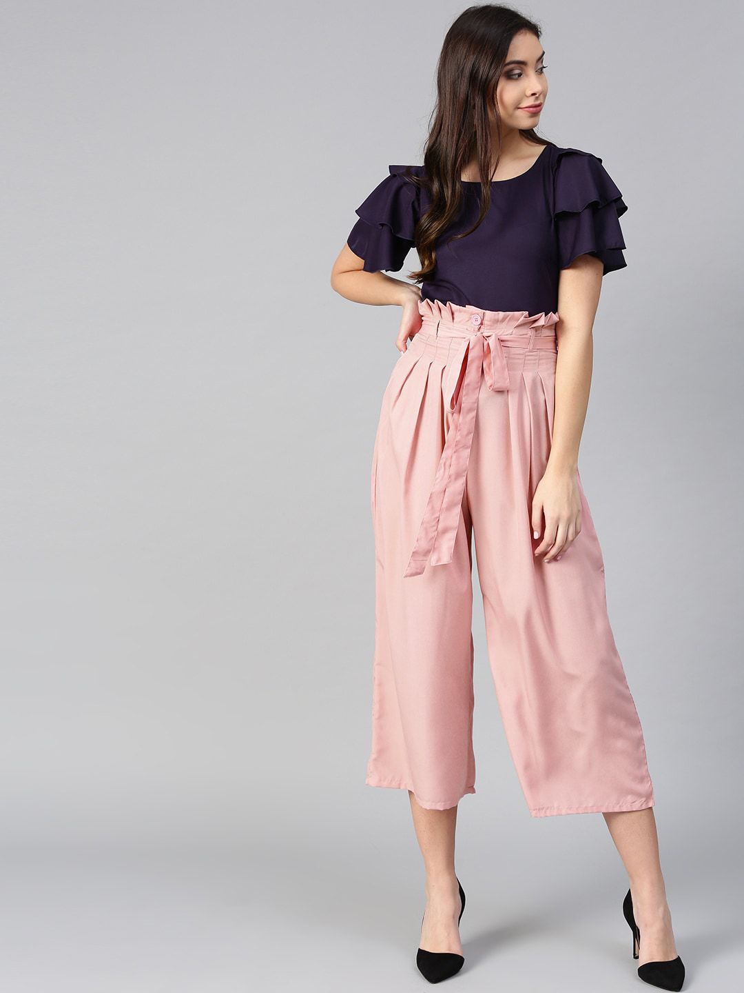 Bitterlime Women Navy Blue & Peach-Coloured Layered Sleeve Top with Trousers