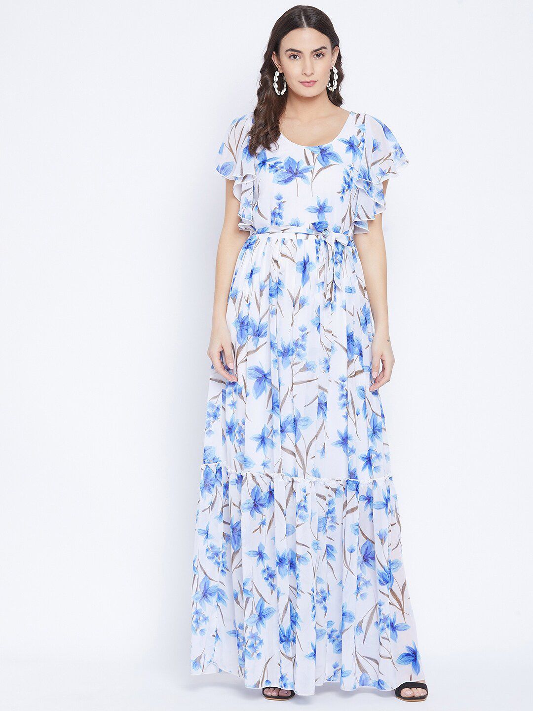 Bitterlime White & Blue Floral Georgette Maxi Dress Price in India