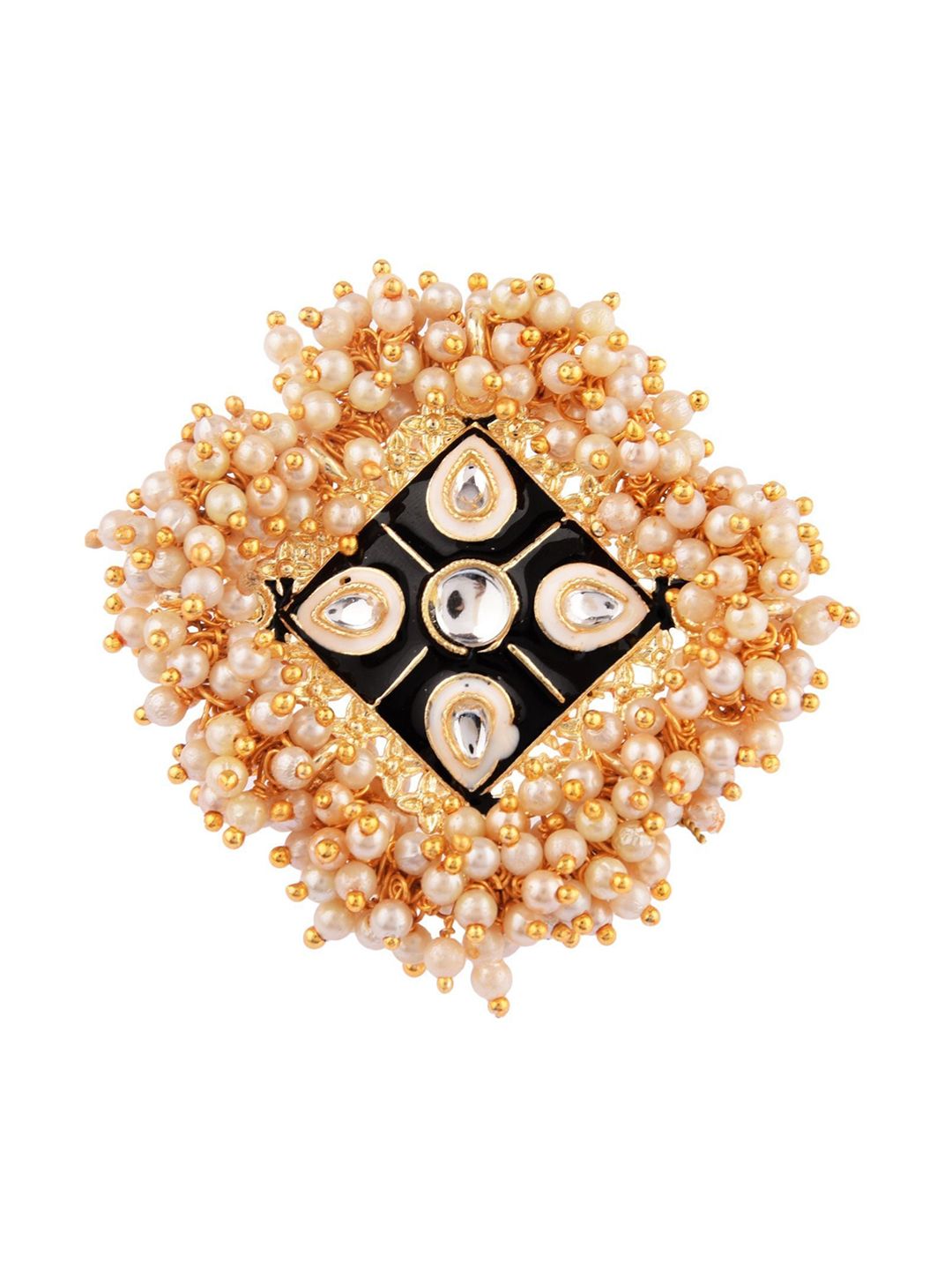 Efulgenz Gold-Plated Black & White Kundan-Studded & Beaded Enamelled Finger Ring Price in India