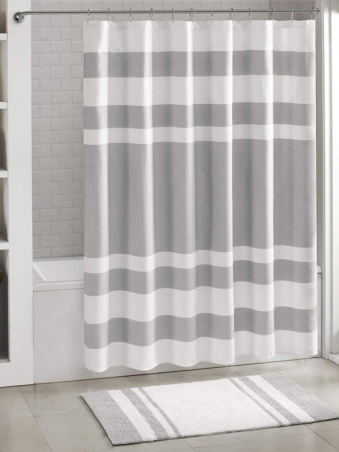 homewards Grey & White Striped Shower Curtains Price in India