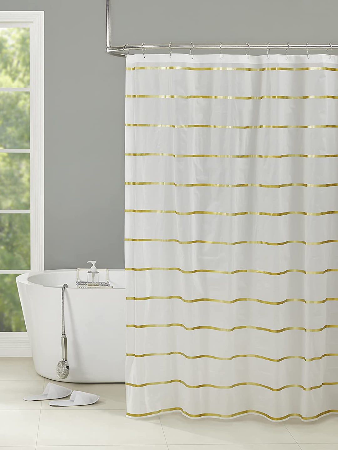 homewards Gold-Coloured  & White Striped Shower Curtain Price in India