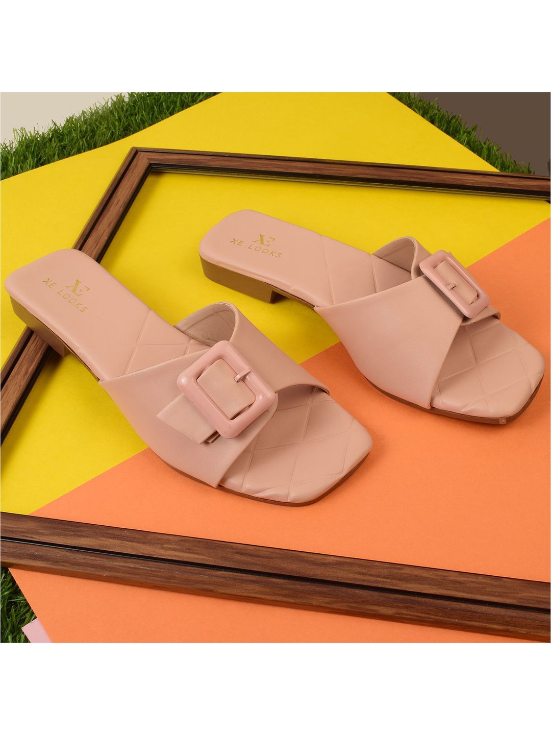 XE LOOKS Women Nude-Coloured Square Toed Flats With Buckles Price in India