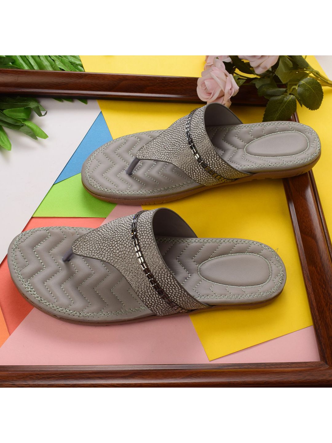 XE LOOKS Women Grey Embellished Leather Party Flats Price in India