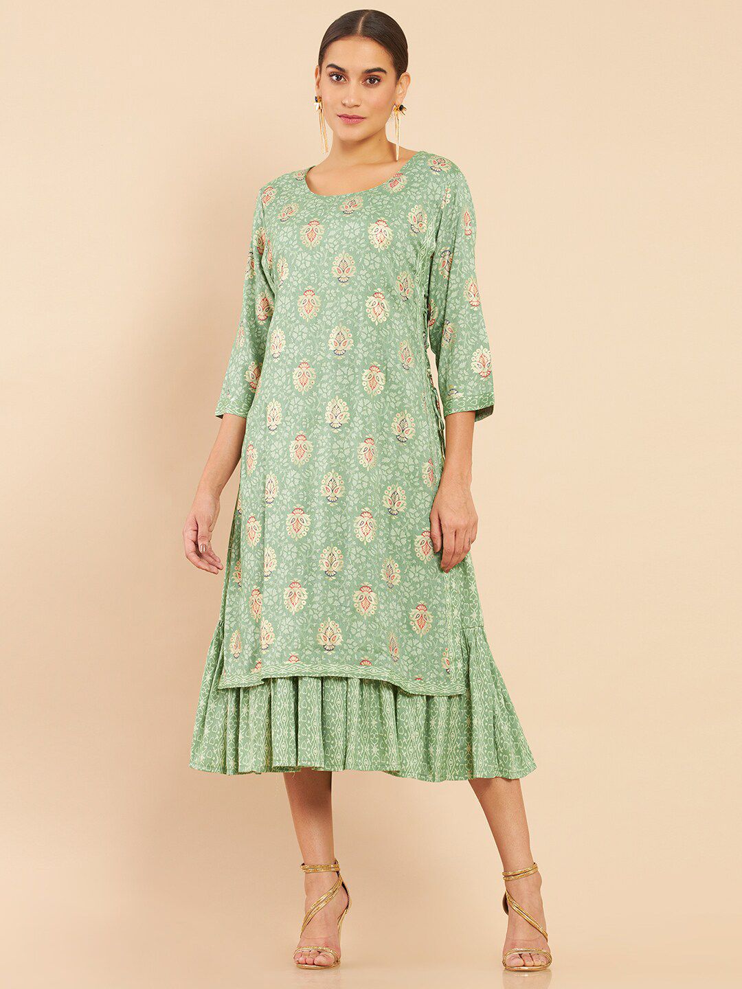 Soch Green Floral Ethnic A-Line Layered Midi Dress Price in India