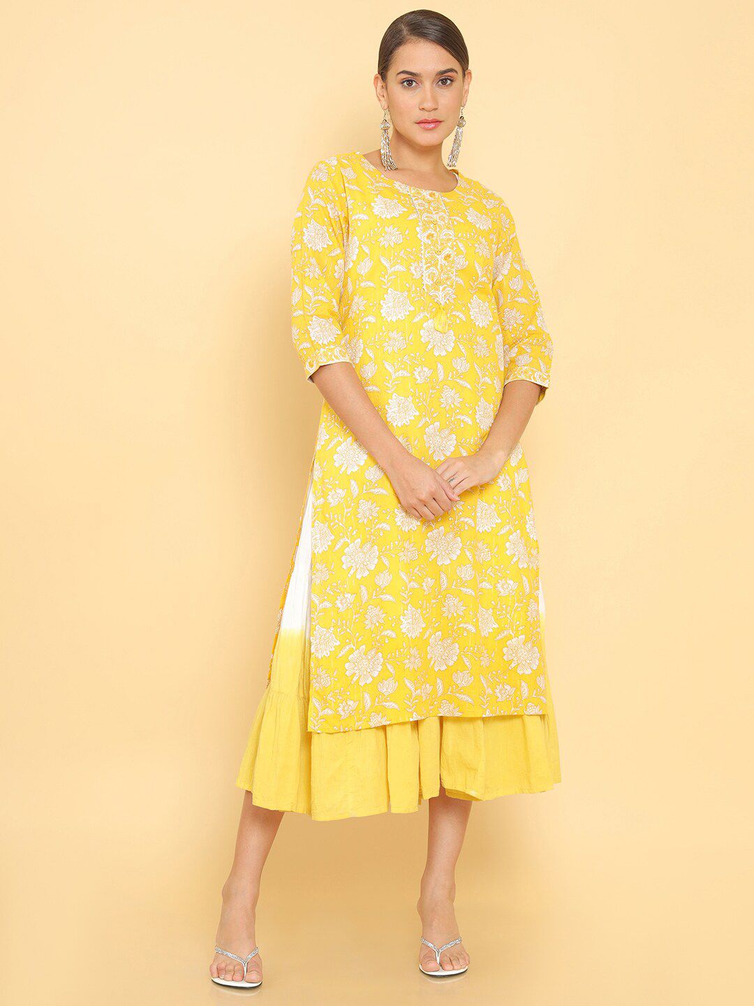 Soch Women Mustard Yellow & White Floral Printed Pure Cotton Floral Kurta Price in India
