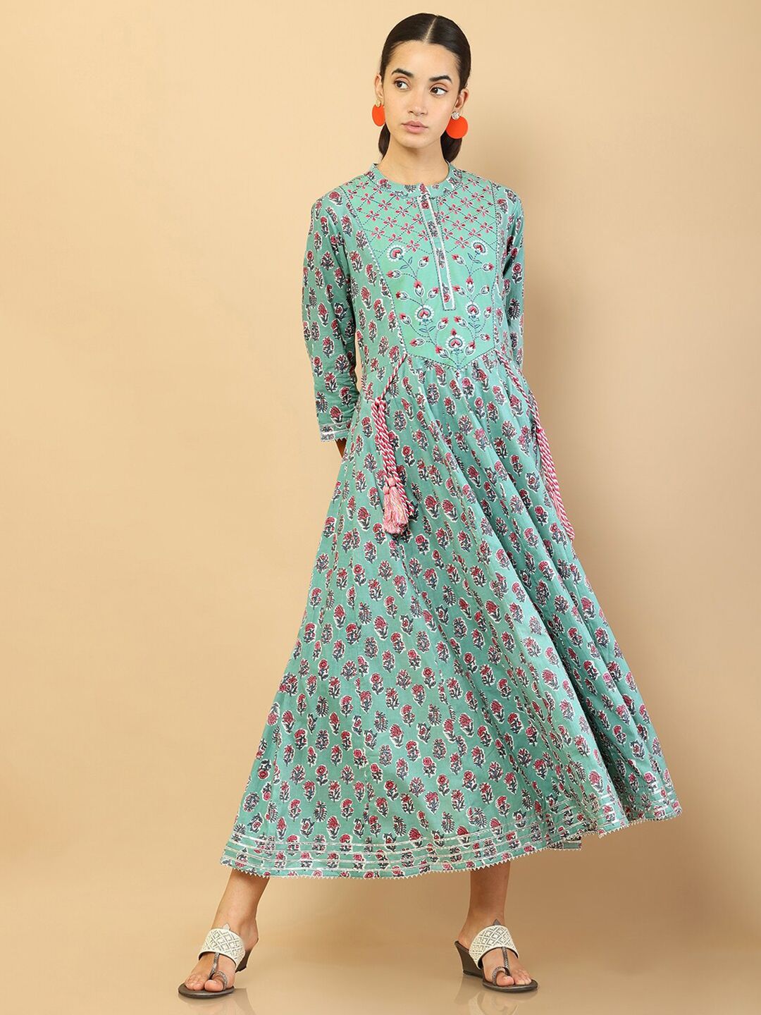Soch Women Green & Pink Floral Printed Pure Cotton Kurta Price in India