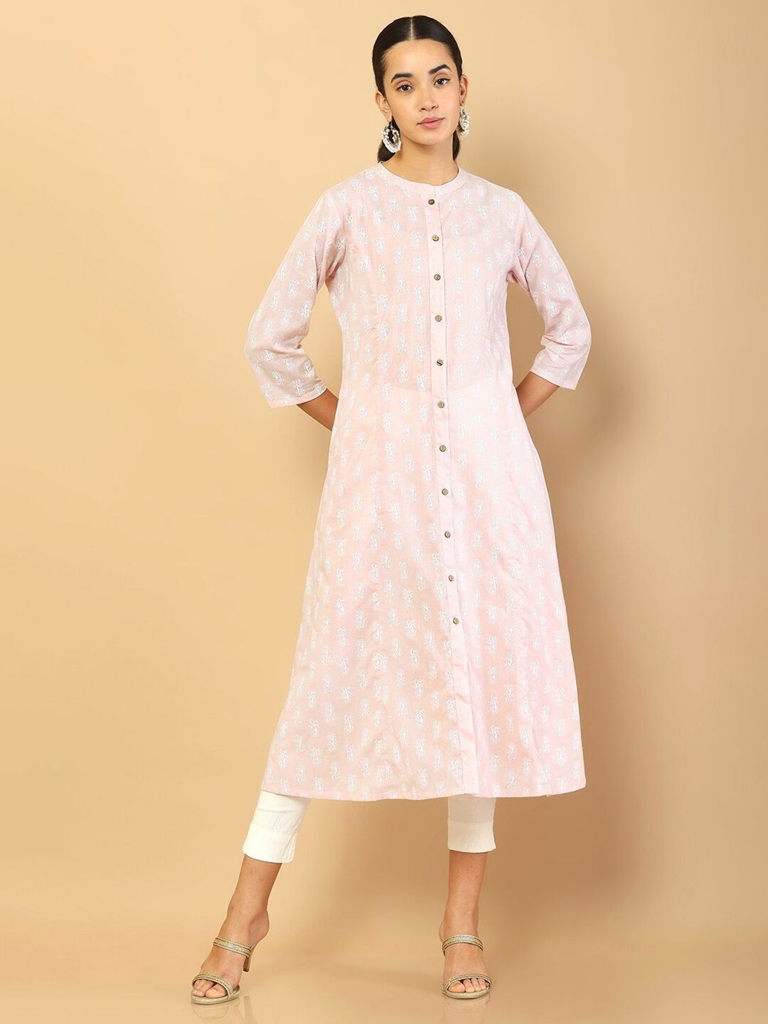 Soch Women Pink & White Floral Printed Pure Cotton Kurta Price in India