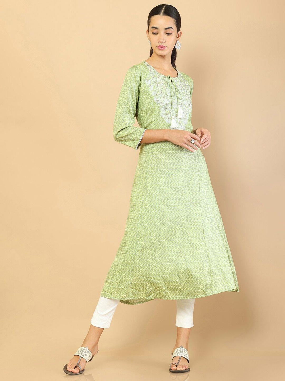 Soch Women Green & White Ethnic Motifs Embroidered Kurta Price in India