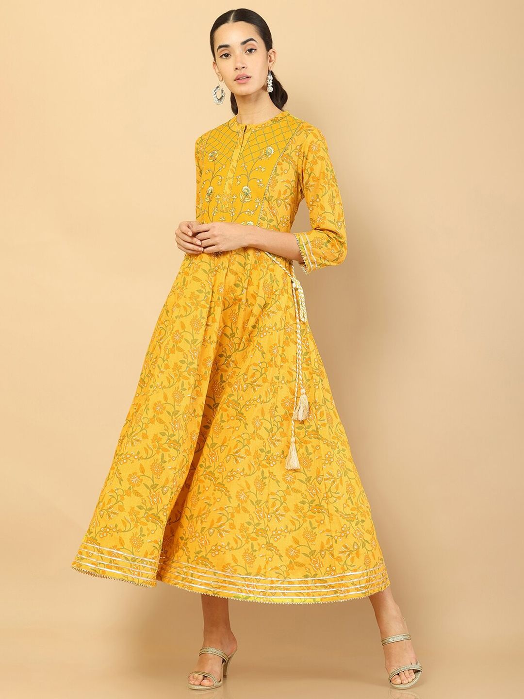 Soch Women Mustard Yellow Floral Printed Cotton Maxi Dress Price in India