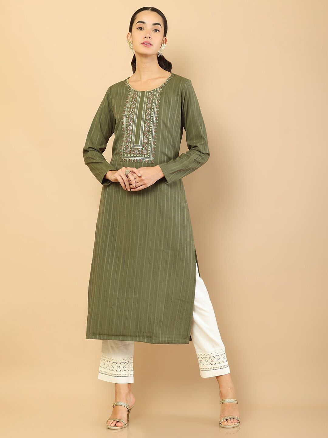Soch Women Olive Green Yoke Design Thread Work Kurta & Plus Size Price in India