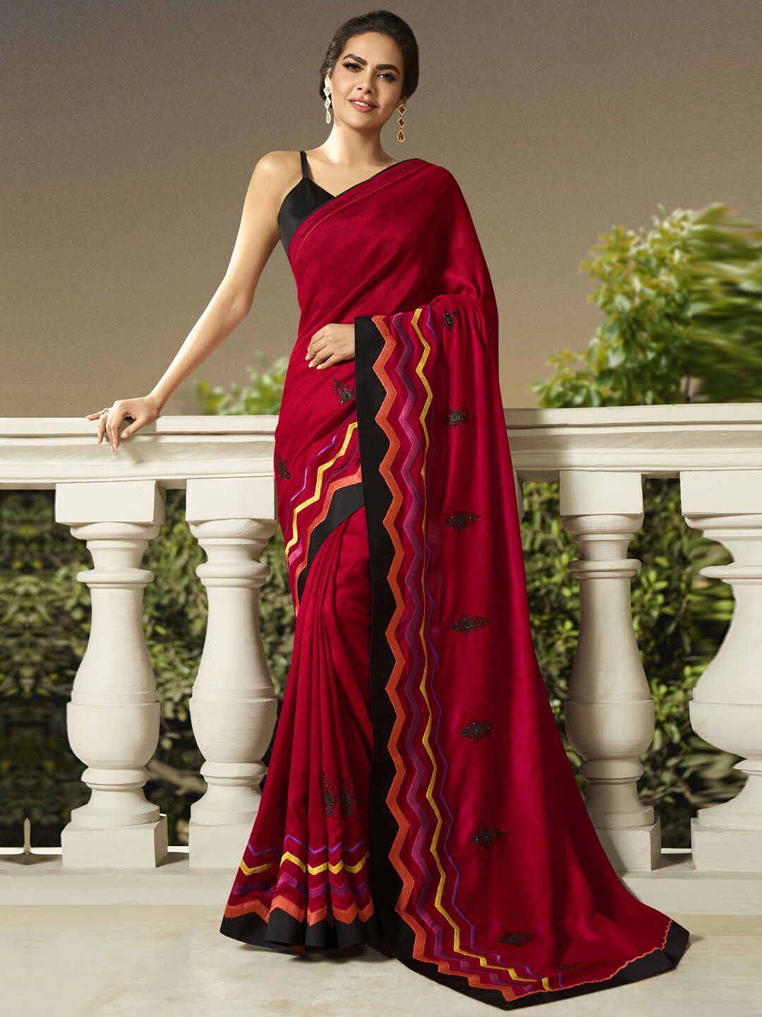 Shaily Red & Orange Embroidered Silk Blend Saree