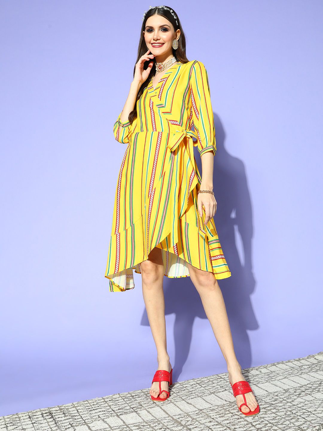 Anouk Yellow & Green Striped Wrap Dress Price in India