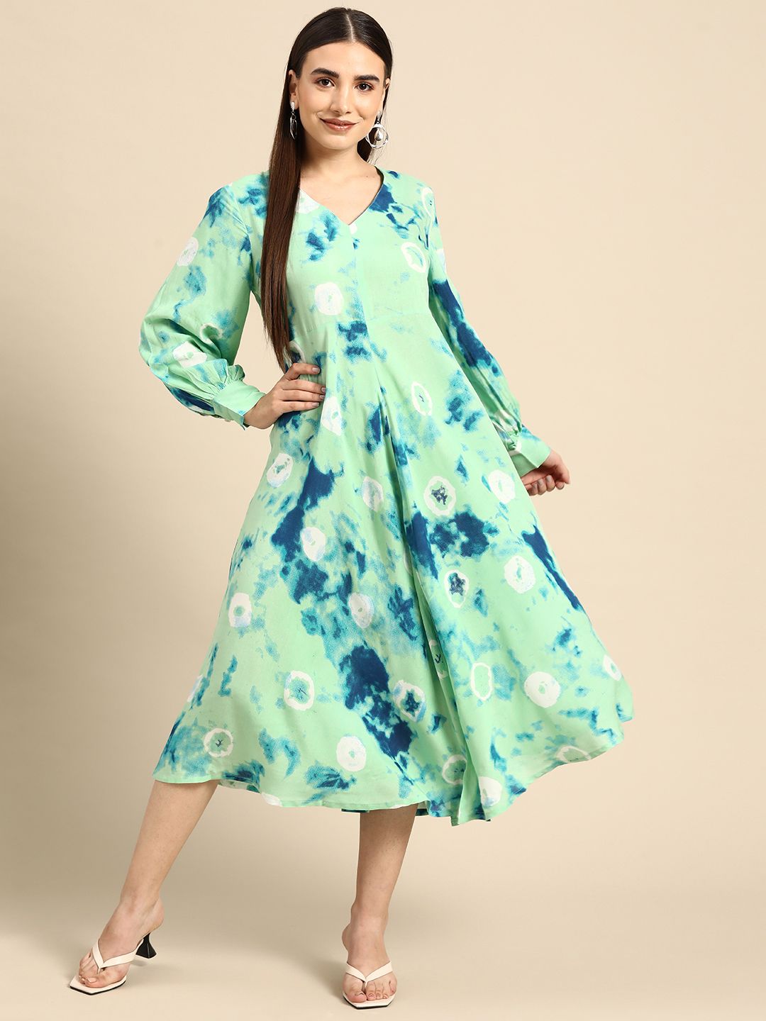 Anouk Women Green & Blue Dyed A-Line Midi Dress Price in India
