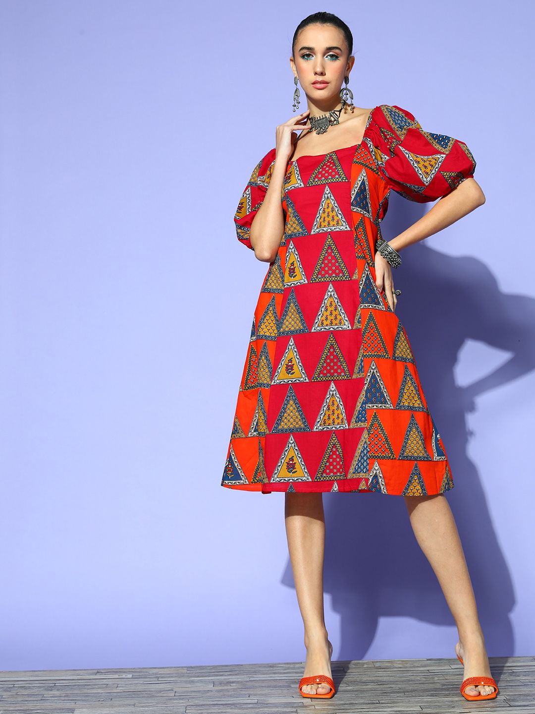 Anouk Women Red Geometric Back Details Dress Price in India