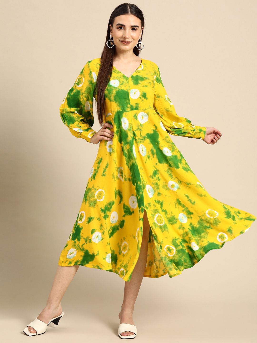 Anouk Women Yellow & Green Dyed A-Line Midi Dress Price in India