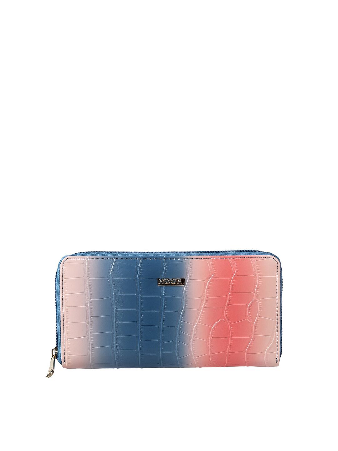 Mochi Women Blue & Pink Colourblocked PU Zip Around Wallet Price in India