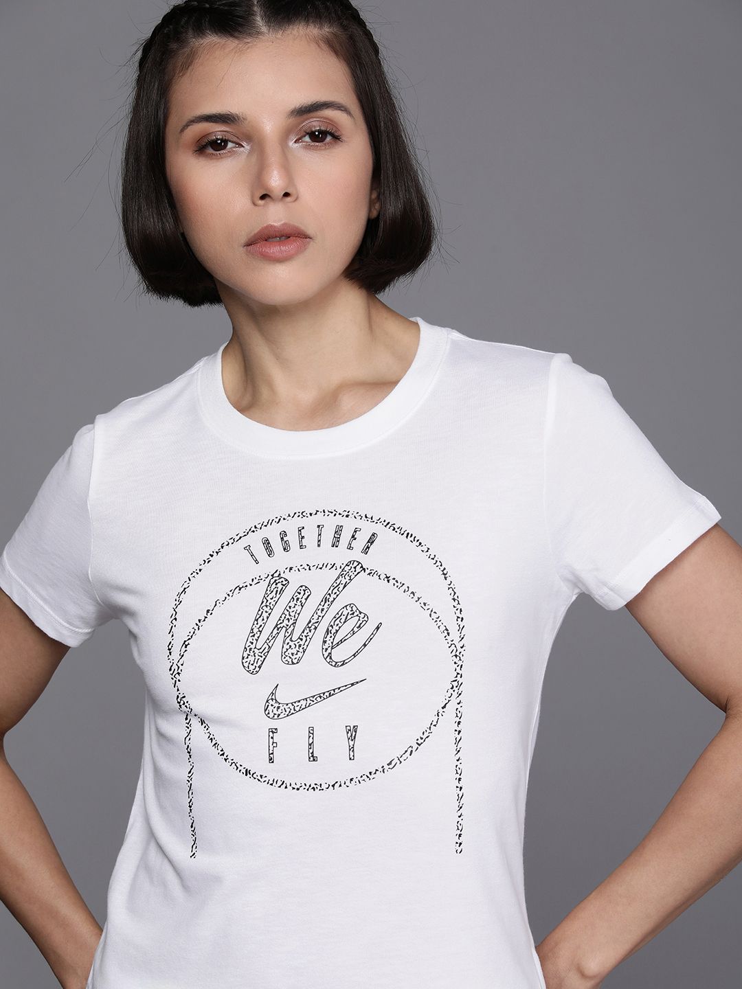 Nike Women White & Black Typography Printed Dri-FIT T-shirt Price in India