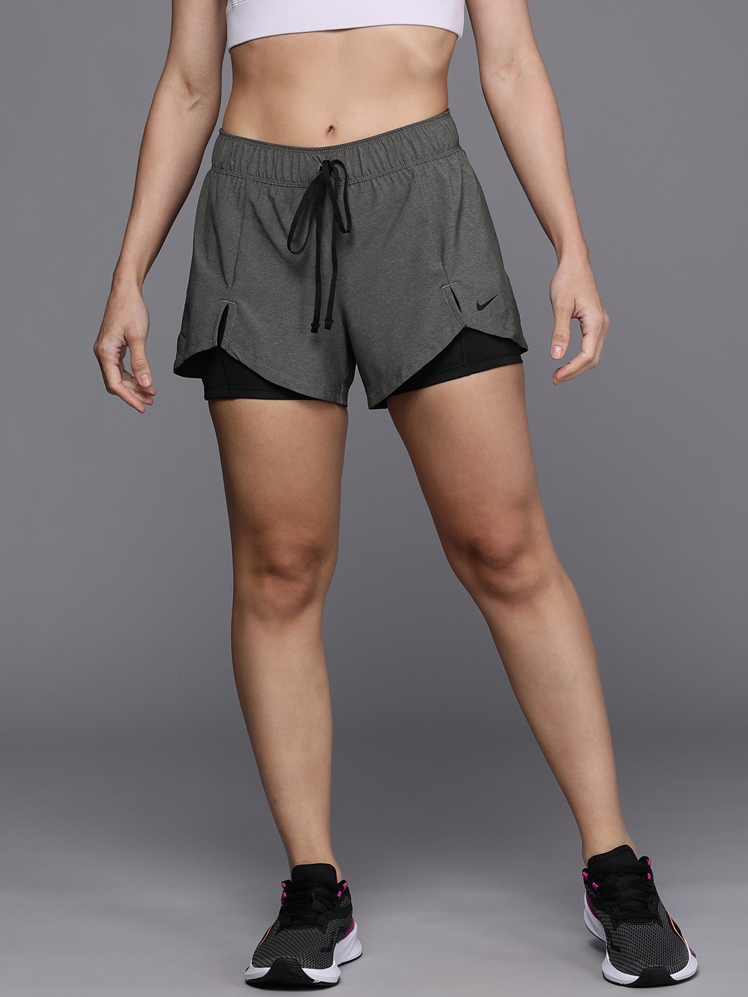 Nike Women Grey Layered Training Shorts Price in India
