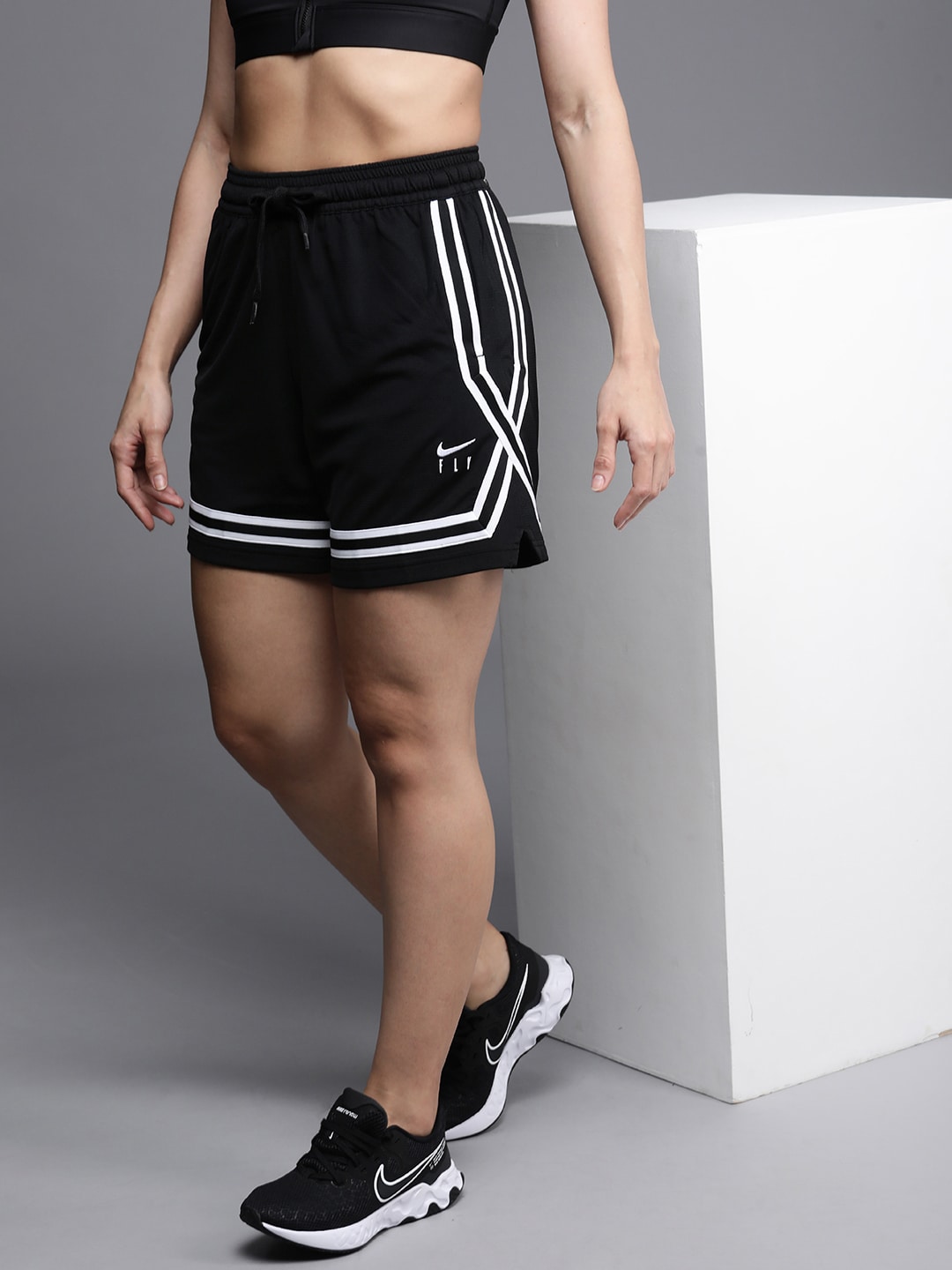 Nike Women Black Fly Crossover Striped Dri-Fit Loose Fit High-Rise Basketball Shorts Price in India