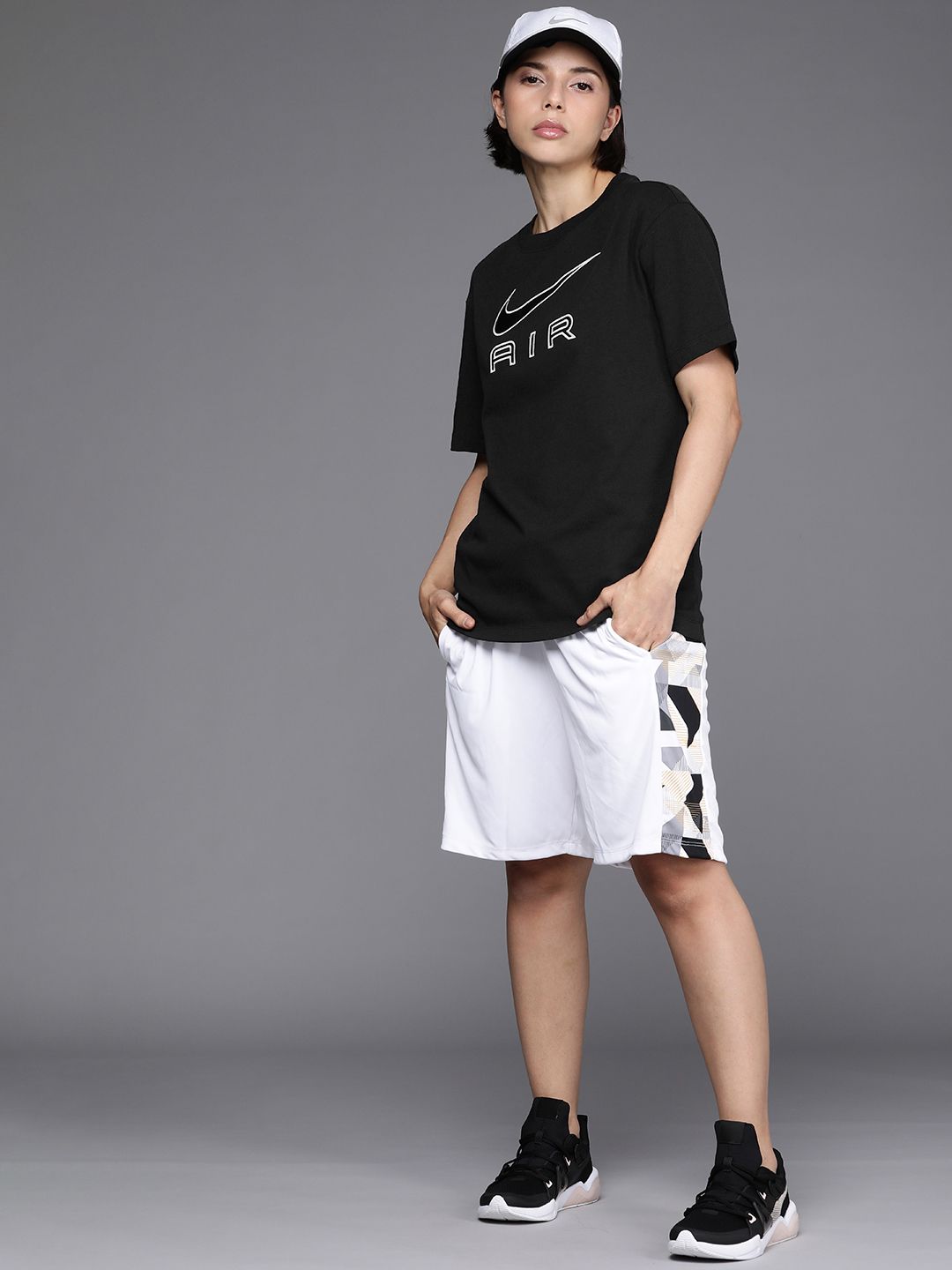 Nike Women Black Brand Logo Printed Drop-Shoulder Sleeves Pure Cotton Loose T-shirt Price in India