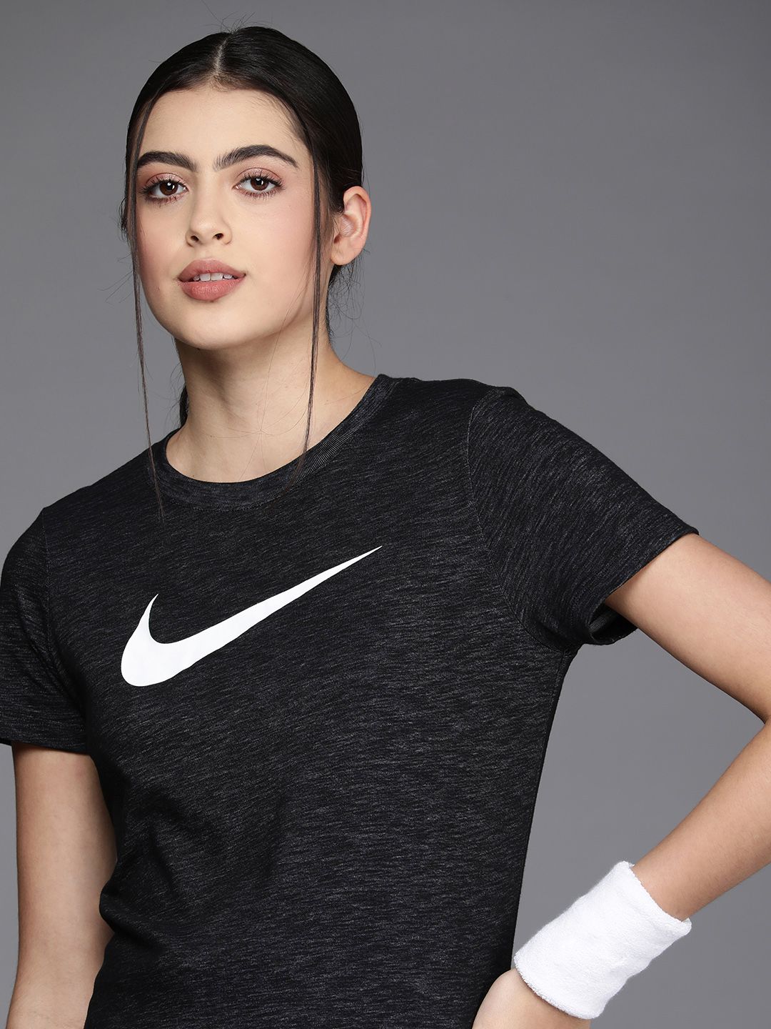 Nike Women Black Brand Logo Printed DFC CREW Dri-FIT Training T-shirt Price in India