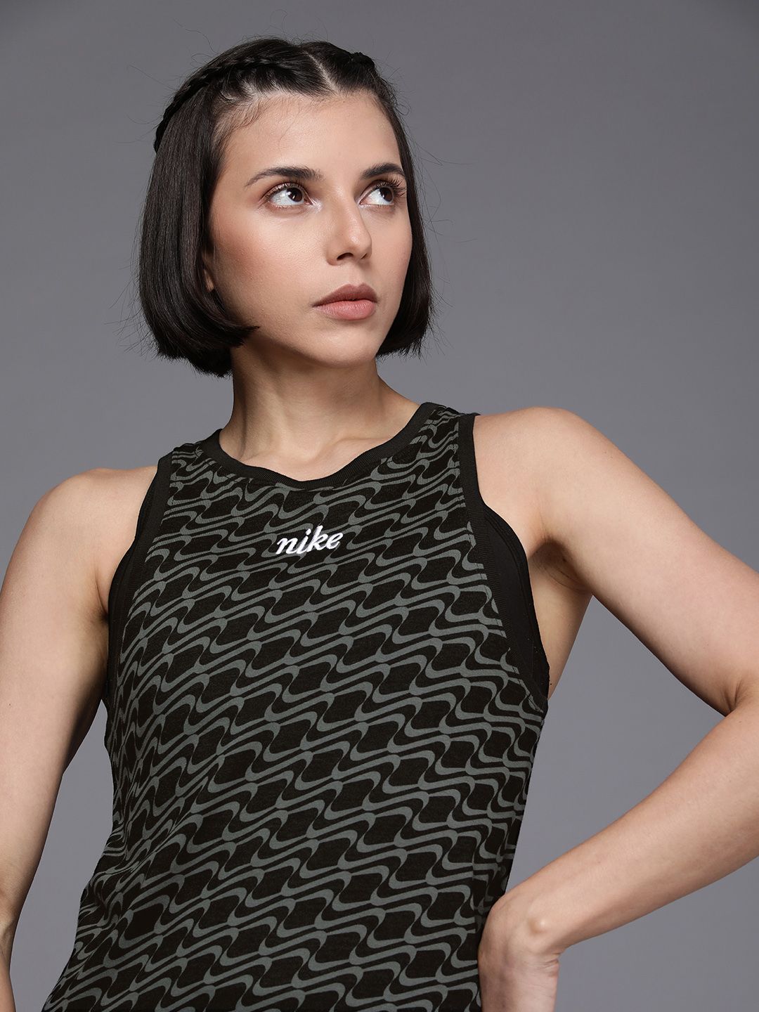 Nike Women Black & Grey Printed HN Icon Dri Fit Top