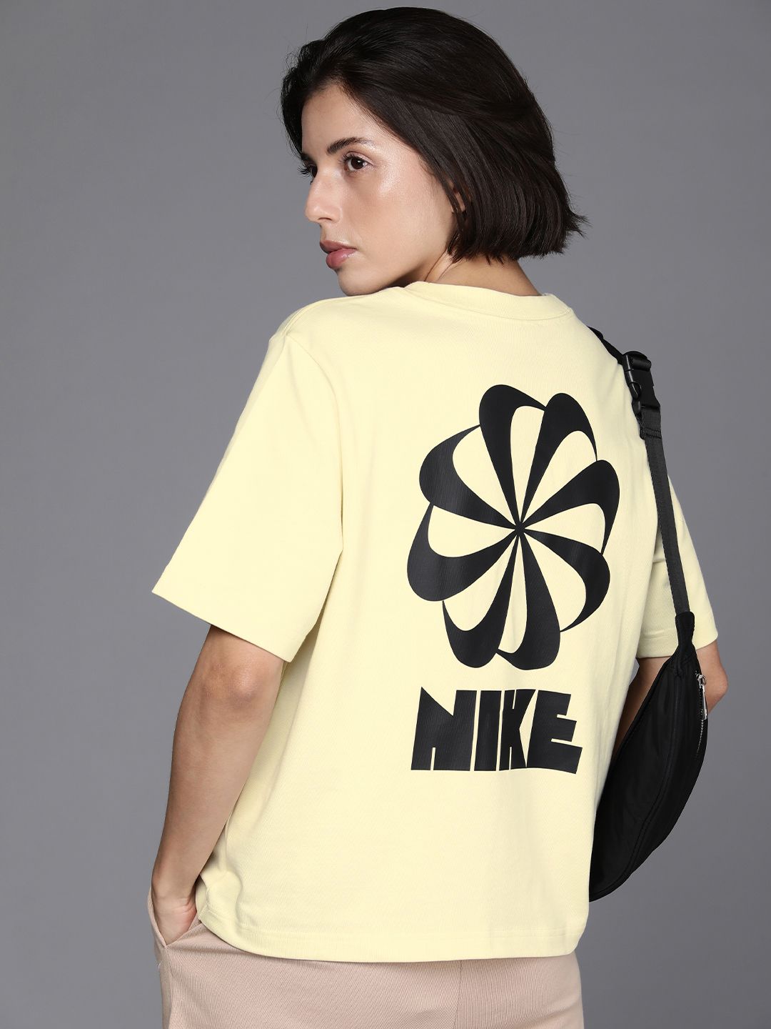 Nike Women Cream-Coloured Brand Logo Print Drop-Shoulder Sleeves Pure Cotton Boxy T-shirt Price in India