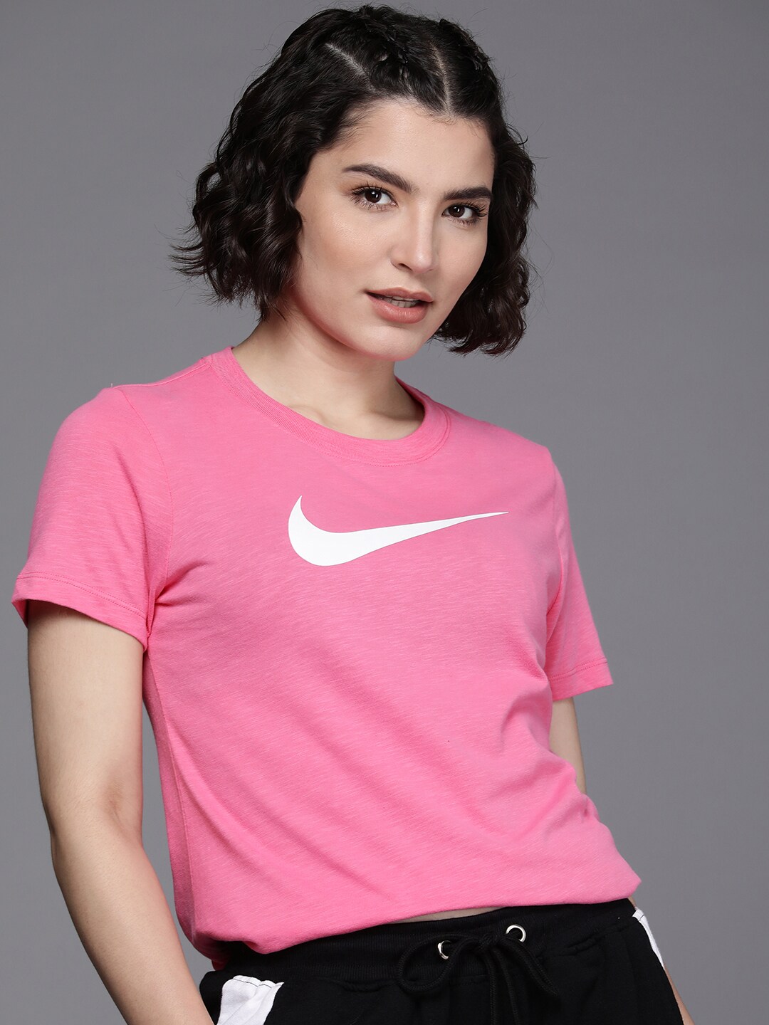 Nike Women Pink & White Brand Logo Printed Dri-FIT Training T-shirt Price in India