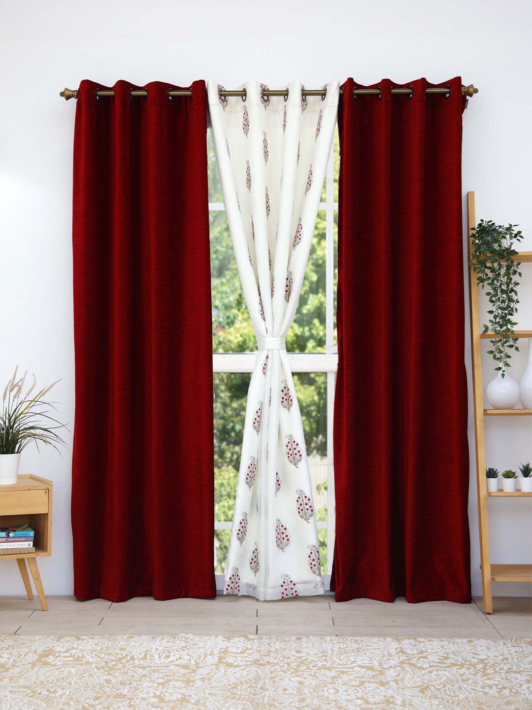 Ariana Red & White Set of 3 Ethnic Motifs Sheer with Quince Combo Curtain Price in India