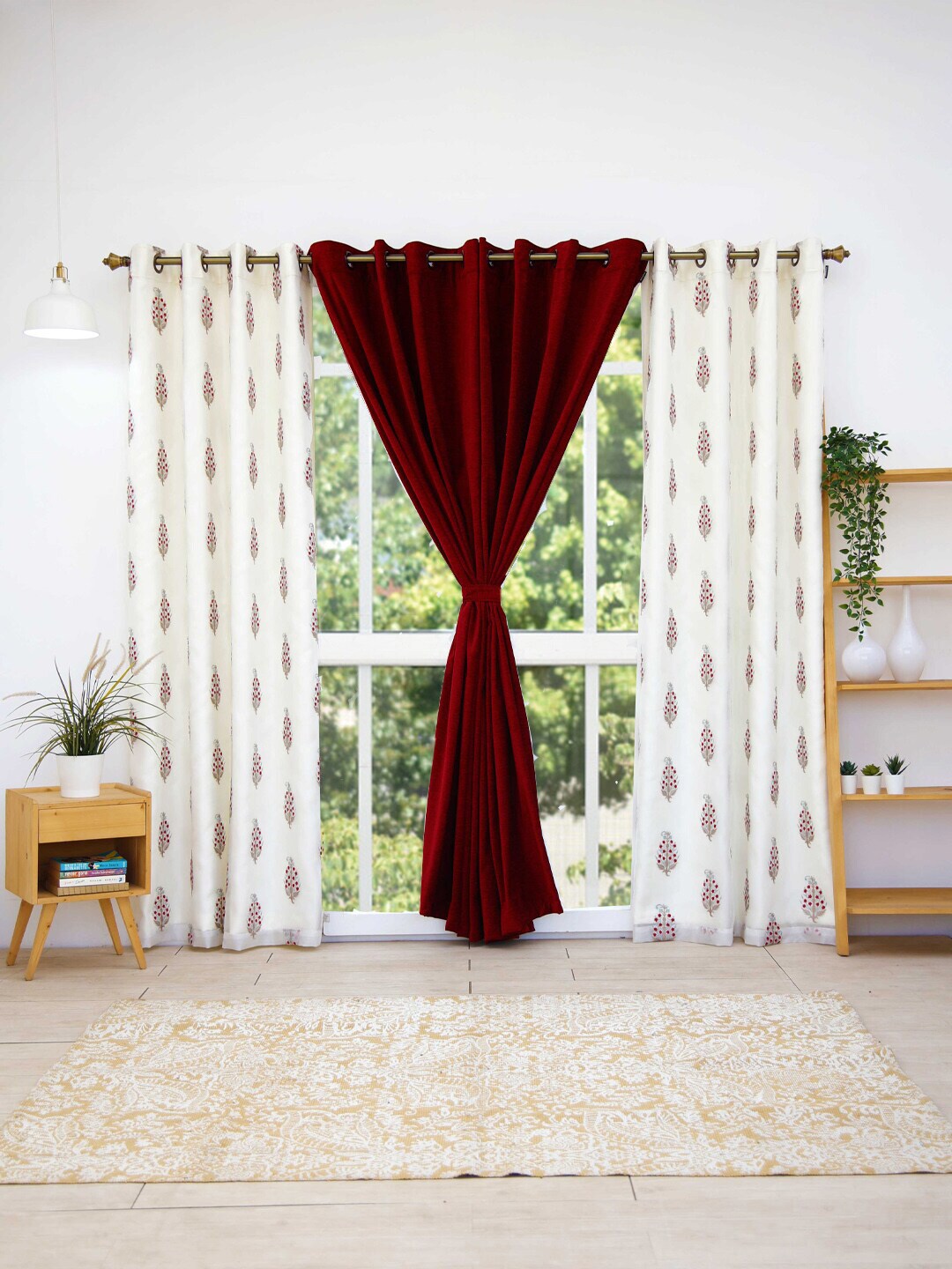 Ariana Red & White Set of 4 Floral Sheer Door Curtain Price in India